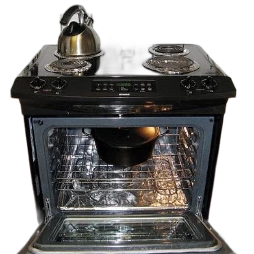 robot, food, black, stove, open, oven, door, showing transparent PNG cut-out