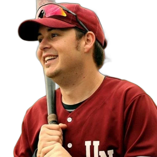 staff, man, red, baseball, uniform, holds, bat transparent PNG cut-out