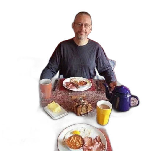 food, robot, photorealistic, man, enjoys, hearty, breakfast, variety transparent PNG cut-out