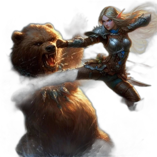 concept art, fantasy art, comic book art, armored, elfin, warrior, leaps, amidst transparent PNG cut-out