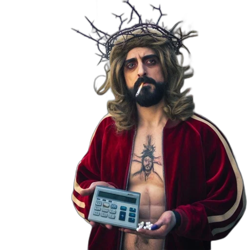 cyberpunk, man, wears, red, jacket, crown, thorns, holds transparent PNG cut-out