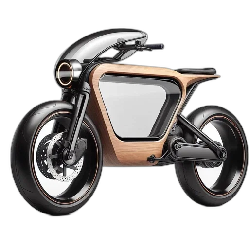 3d render, concept art, futuristic, wooden-frame, motorcycle, glowing, headlight, large transparent PNG cut-out
