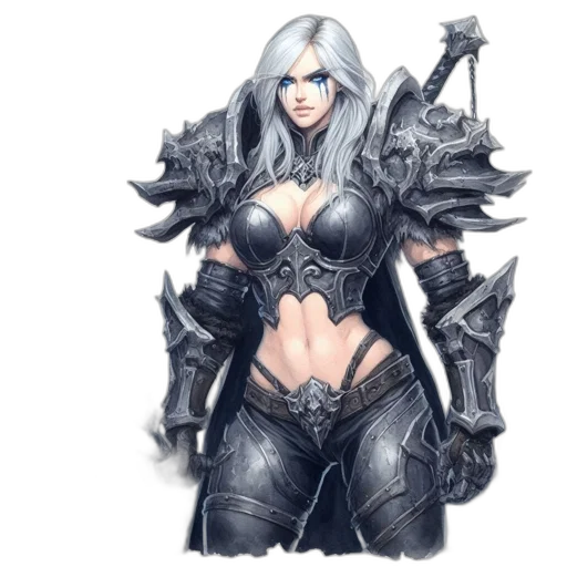 fantasy art, concept art, comic book art, pixel art, monochrome, dark, woman, silver transparent PNG cut-out