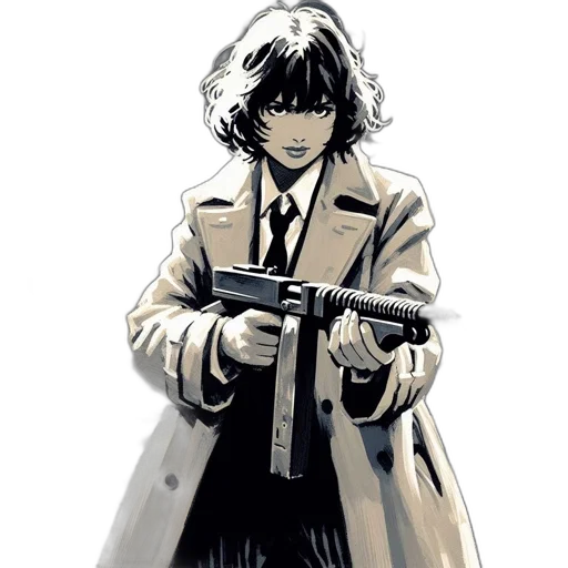 weapon, jacket, comic book art, concept art, cartoon, watercolor, monochrome, woman transparent PNG cut-out
