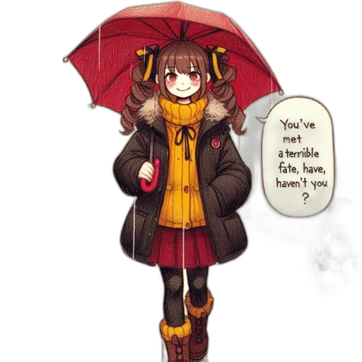 umbrella, jacket, staff, hat, anime, concept art, pixel art, fantasy art transparent PNG cut-out