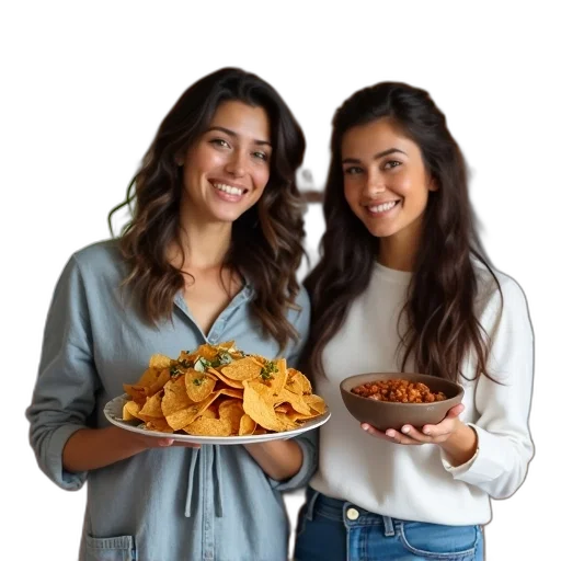 food, jacket, two, women, standing, kitchen, one, holding transparent PNG cut-out