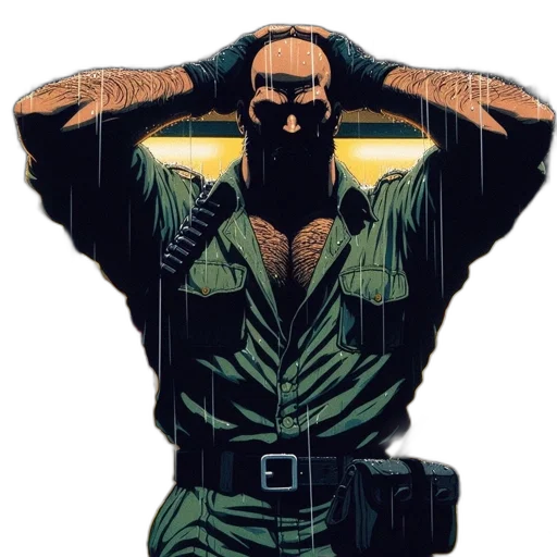 jacket, comic book art, concept art, earth tones, green, gloomy, city, street transparent PNG cut-out