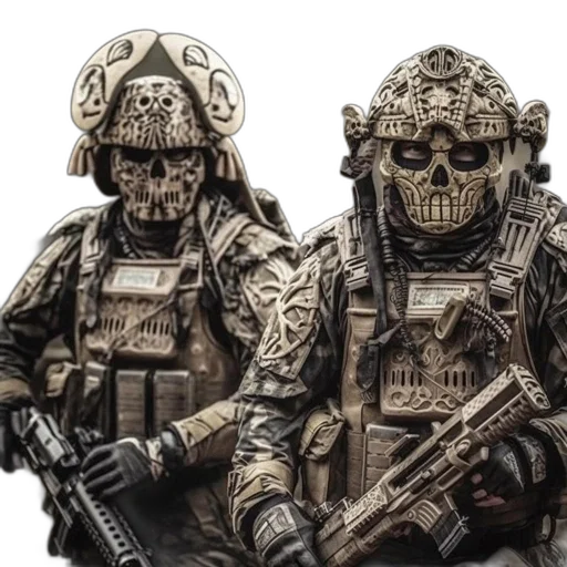 mask, weapon, concept art, 3d render, photorealistic, fantasy art, two, individuals transparent PNG cut-out