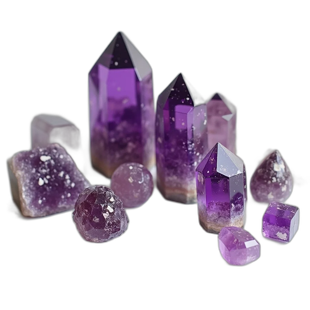 jewelry, crown, 3d render, collection, variously, shaped, sized, amethyst transparent PNG cut-out