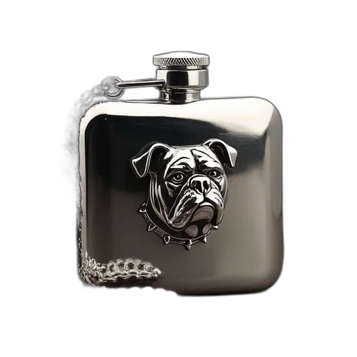 photorealistic, silver, flask, chain, attached, top, featuring, bulldog transparent PNG cut-out