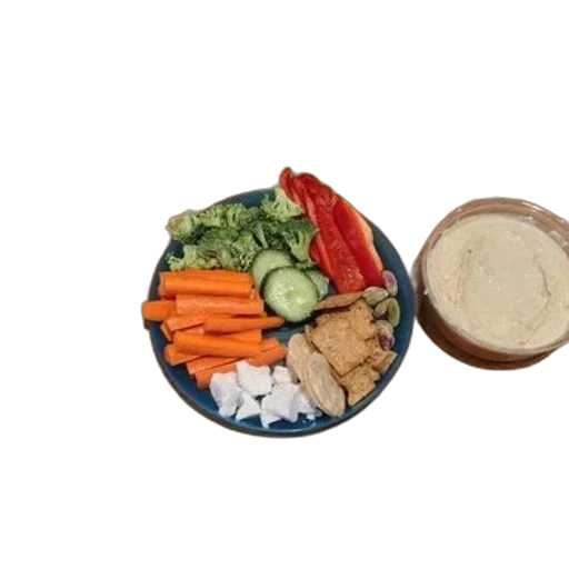 food, wooden, tray, holds, plate, vegetables, hummus, dips transparent PNG cut-out