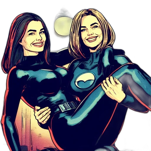 comic book art, cartoon, concept art, fantasy art, two, black-clad, women, one transparent PNG cut-out