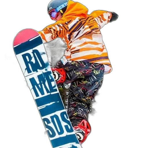 jacket, photorealistic, colorful, snowboarder, orange, white, striped, pants transparent PNG cut-out