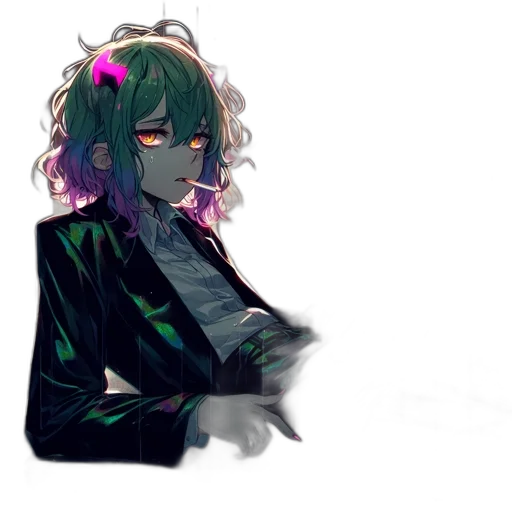 jacket, mask, creature, hair, vaporwave, pixel art, cyberpunk, concept art transparent PNG cut-out