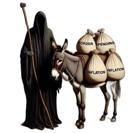 weapon, hooded, figure, symbolizing, death, stands, alongside, donkey transparent PNG cut-out