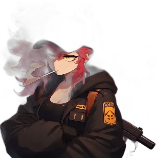 jacket, staff, weapon, face, cyberpunk, concept art, pixel art, anime transparent PNG cut-out