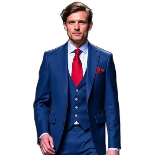 jacket, blue, model, suit, red, tie, during, runway transparent PNG cut-out