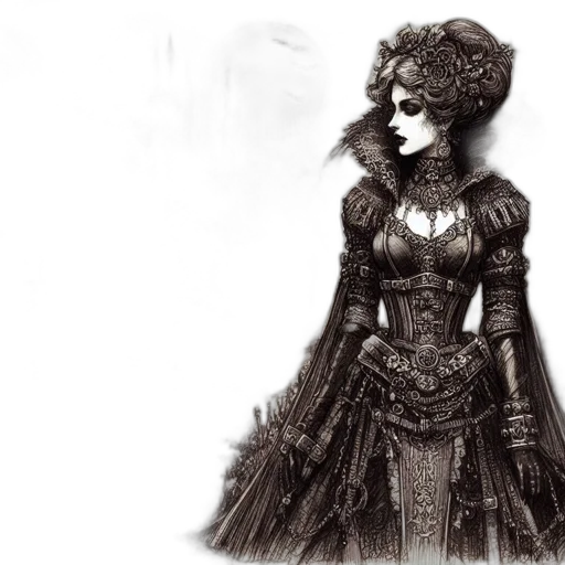 dress, mask, crown, fantasy art, concept art, comic book art, pencil sketch, dark transparent PNG cut-out