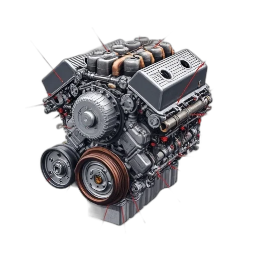 car, detailed, illustration, engine, various, components, labeled, red transparent PNG cut-out