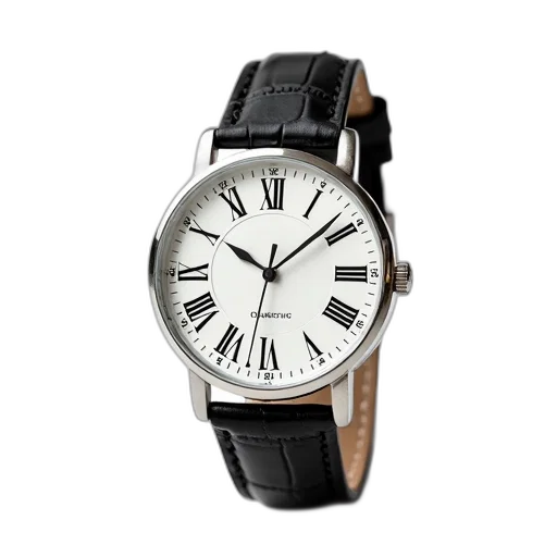 jewelry, silver, wristwatch, black, leather, strap, roman, numerals transparent PNG cut-out