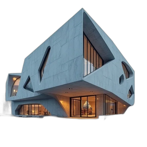 building, 3d render, concept art, futuristic, triangular, windows transparent PNG cut-out