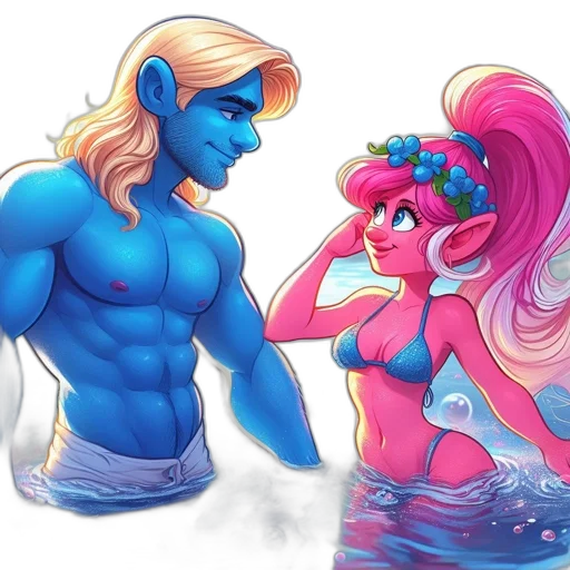 fantasy art, concept art, comic book art, vaporwave, underwater, blue, two, aquatic transparent PNG cut-out