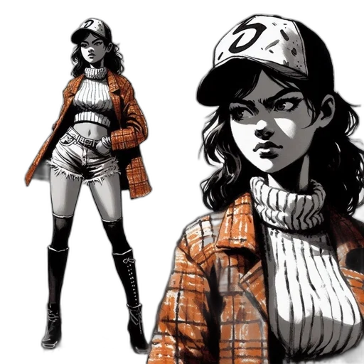 jacket, hat, comic book art, concept art, cartoon, fantasy art, monochrome, earth tones transparent PNG cut-out