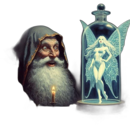 bottle, dress, concept art, fantasy art, 3d render, photorealistic, old, sorcerer transparent PNG cut-out