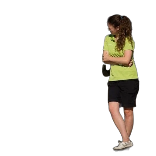 staff, two, women, green, shirts, stand, next, small transparent PNG cut-out