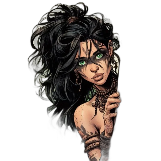 hair, jewelry, comic book art, fantasy art, cartoon, pixel art, green, enigmatic transparent PNG cut-out