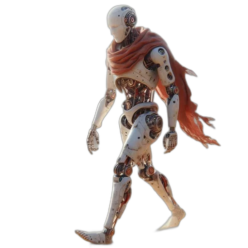 robot, 3d render, concept art, white, humanoid, stands, desert, draped transparent PNG cut-out