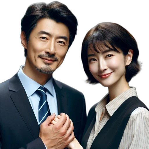 photorealistic, two, individuals, one, blue, suit, other, beige transparent PNG cut-out