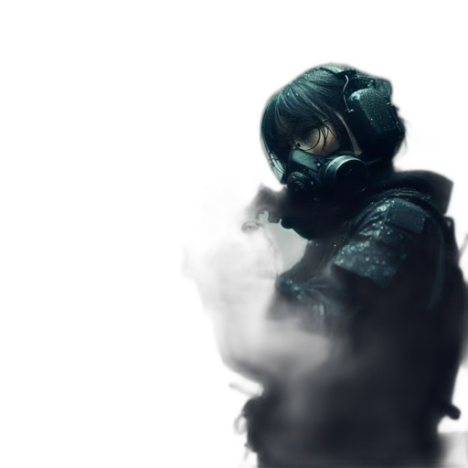 mask, weapon, jacket, face, concept art, cyberpunk, 3d render, fantasy art transparent PNG cut-out