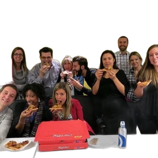 group, people, enjoying, pizza, party, hut, boxes, table transparent PNG cut-out