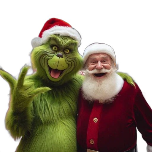 image, showcases, jovial, santa, claus, grinch, two, iconic transparent PNG cut-out