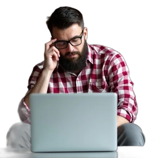 staff, 3d render, man, glasses, beard, sitting, couch, holding transparent PNG cut-out