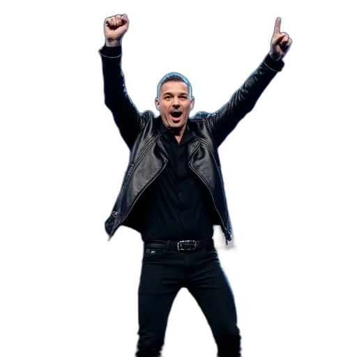 jacket, male, musician, performing, stage, holding, his, fist transparent PNG cut-out