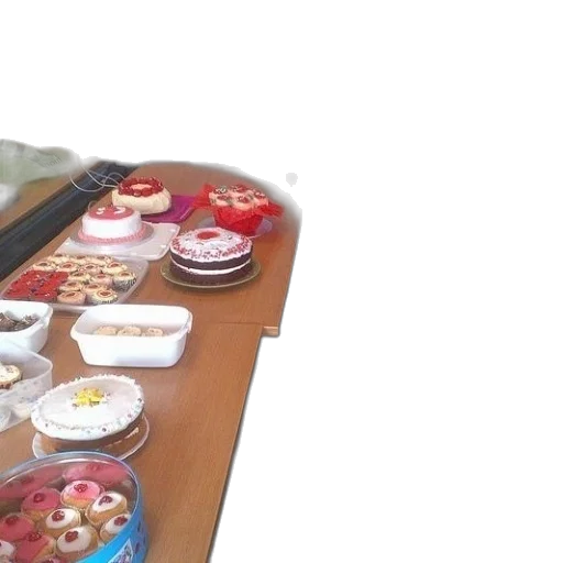 food, staff, man, wheelchair, sits, table, many, cakes transparent PNG cut-out