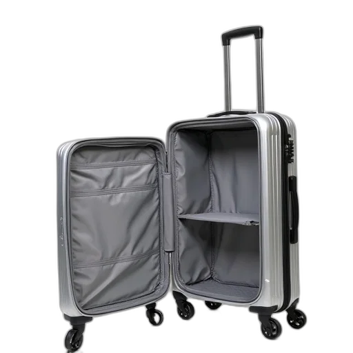 modern, lightweight, durable, silver, suitcase, sleek, design, multiple transparent PNG cut-out