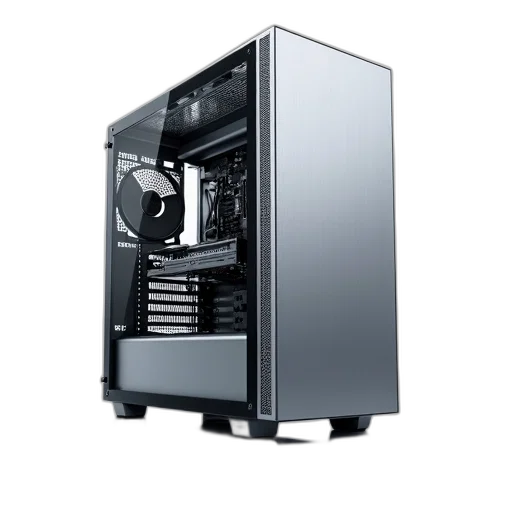 3d render, sleek, modern, computer, tower, transparent, glass, front transparent PNG cut-out