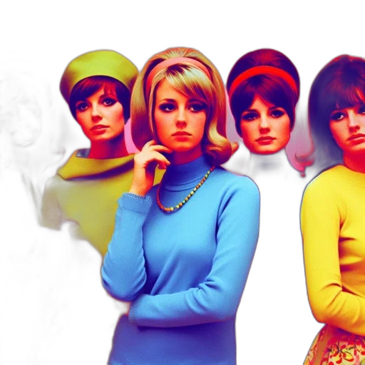 colorful, golden, neon, pastel, five, women, 1960s, era transparent PNG cut-out