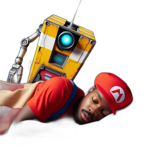 robot, concept art, 3d render, cartoon, man, dressed, mario, sleeps transparent PNG cut-out