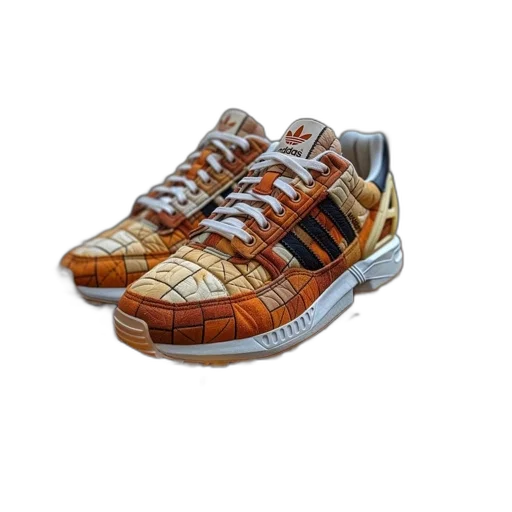 shoes, 3d render, photorealistic, adidas, sneakers, quilted, orange, brown transparent PNG cut-out