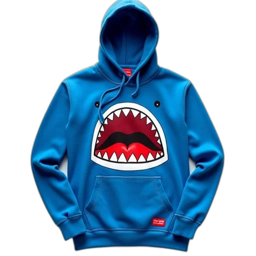 jacket, 3d render, blue, hoodie, large, cartoonish, shark, mouth transparent PNG cut-out