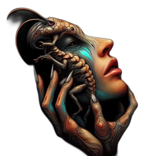 face, mask, creature, jewelry, concept art, fantasy art, cyberpunk, photorealistic transparent PNG cut-out
