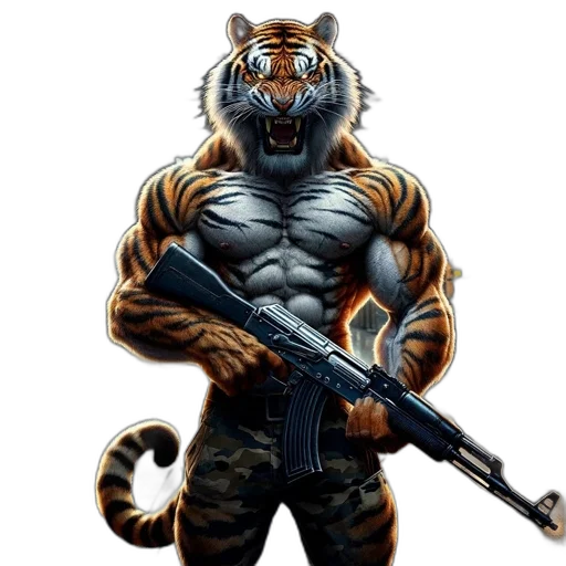 animal, weapon, concept art, comic book art, pixel art, fantasy art, muscular, tiger transparent PNG cut-out