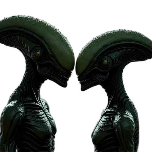 concept art, 3d render, outer space, two, alien, creatures, facing, each transparent PNG cut-out