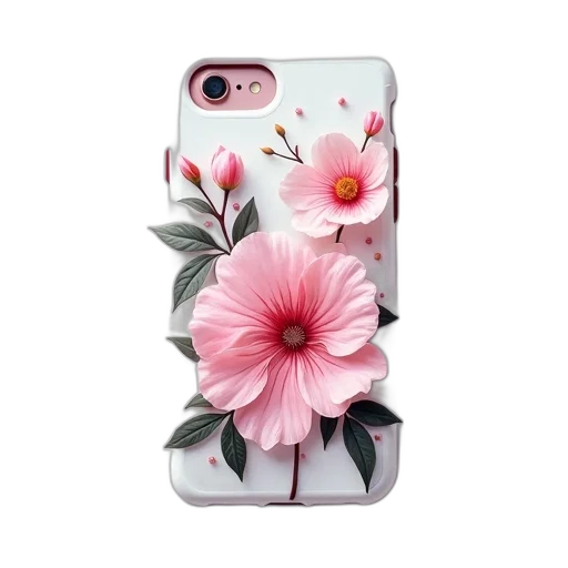 flower, photorealistic, close-up, smartphone, case, floral, design, white transparent PNG cut-out