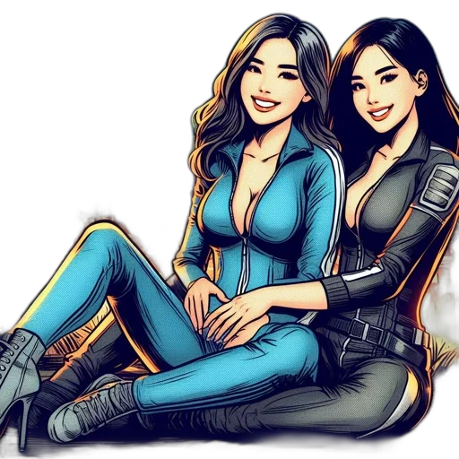 comic book art, cartoon, concept art, fantasy art, two, female, characters, sit transparent PNG cut-out