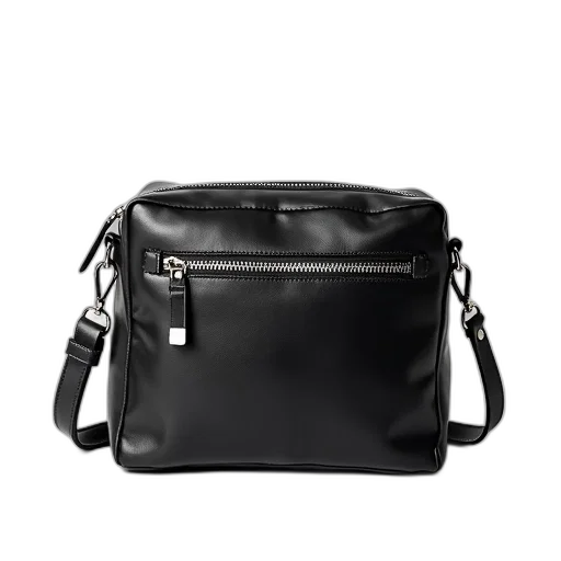 black, leather, handbag, silver, zipper, chain, strap, displayed transparent PNG cut-out